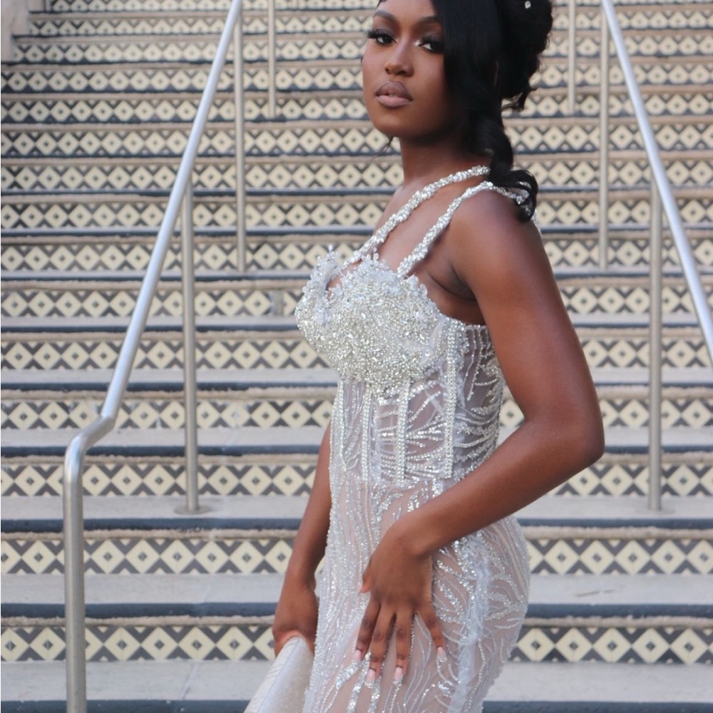 CUSTOM MADE Silver Prom Dress Elegant Beaded Gown!! NEGOTIABLE!!
